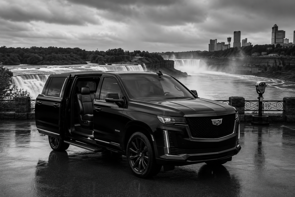 Black and white luxury Cadillac Escalade SUV at Niagara Falls providing private airport transfers between Toronto Pearson YYZ, Billy Bishop YTZ, Buffalo BUF Airport and long-distance destinations across Ontario and New York State.
