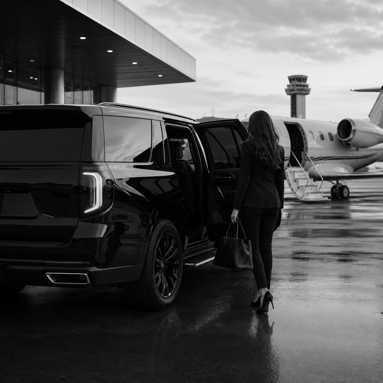 Business woman entering a black luxury SUV beside a private jet at Toronto Pearson Airport for executive long-distance transportation.